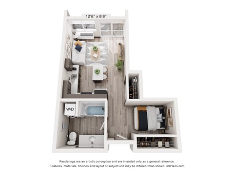 Floor plan for studio, 1 bath, 607 sqft